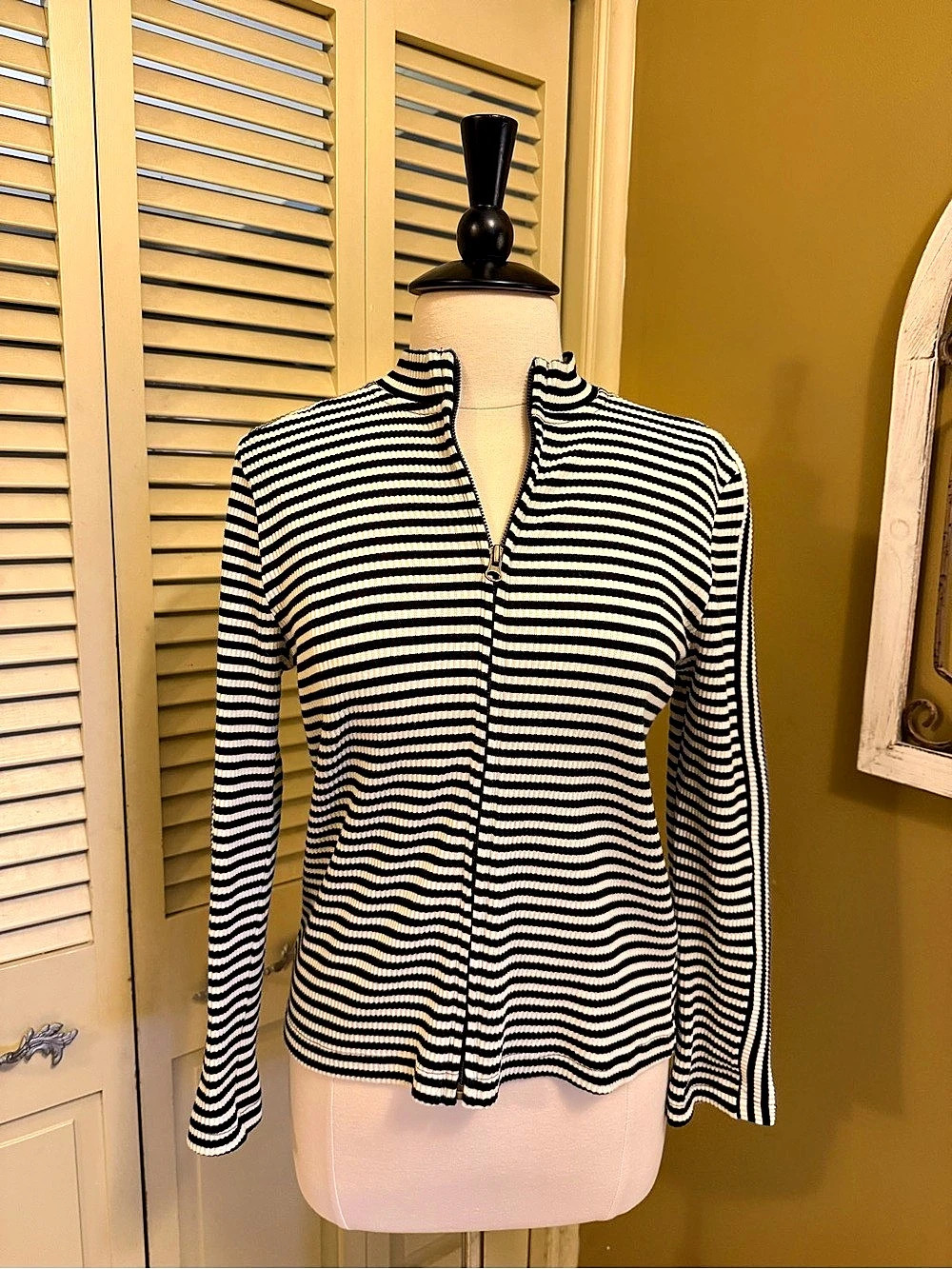 Trisha Tyler Striped Cotton Zip Sweater Size Medium